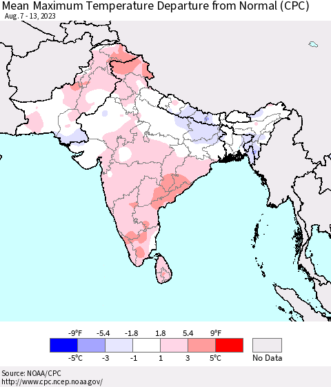Southern Asia Mean Maximum Temperature Departure from Normal (CPC) Thematic Map For 8/7/2023 - 8/13/2023