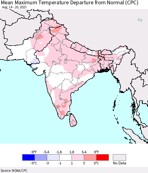 Southern Asia Mean Maximum Temperature Departure from Normal (CPC) Thematic Map For 8/14/2023 - 8/20/2023