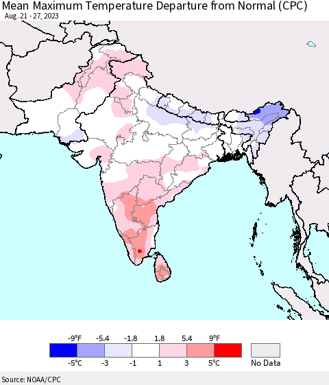 Southern Asia Mean Maximum Temperature Departure from Normal (CPC) Thematic Map For 8/21/2023 - 8/27/2023