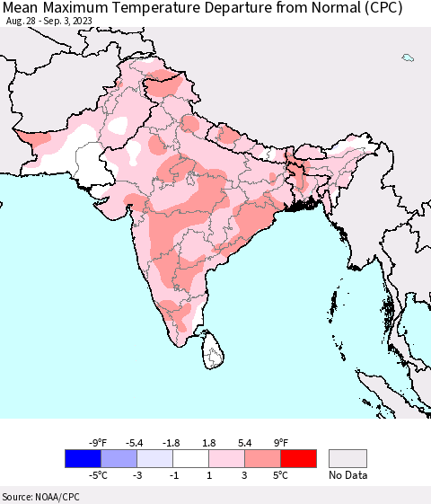 Southern Asia Mean Maximum Temperature Departure from Normal (CPC) Thematic Map For 8/28/2023 - 9/3/2023