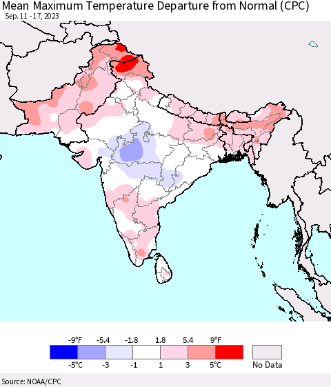Southern Asia Mean Maximum Temperature Departure from Normal (CPC) Thematic Map For 9/11/2023 - 9/17/2023