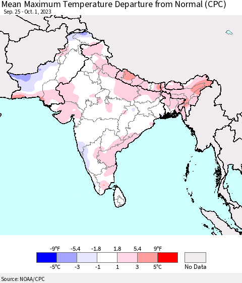 Southern Asia Mean Maximum Temperature Departure from Normal (CPC) Thematic Map For 9/25/2023 - 10/1/2023