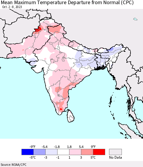 Southern Asia Mean Maximum Temperature Departure from Normal (CPC) Thematic Map For 10/2/2023 - 10/8/2023