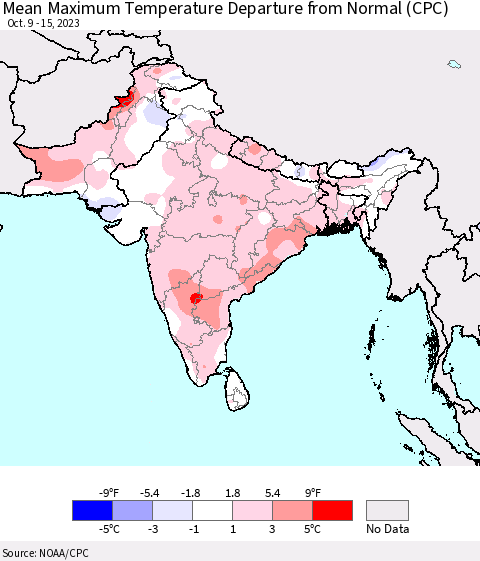 Southern Asia Mean Maximum Temperature Departure from Normal (CPC) Thematic Map For 10/9/2023 - 10/15/2023