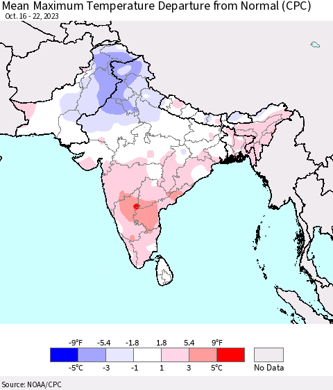 Southern Asia Mean Maximum Temperature Departure from Normal (CPC) Thematic Map For 10/16/2023 - 10/22/2023