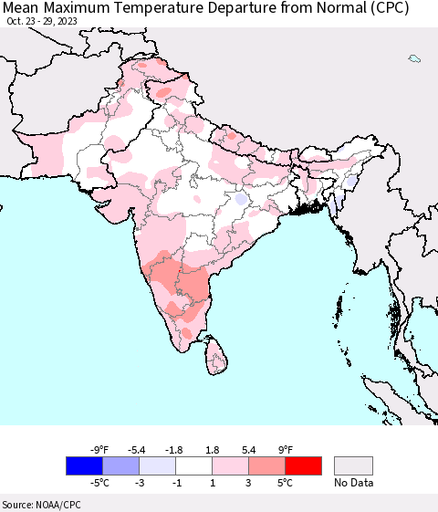 Southern Asia Mean Maximum Temperature Departure from Normal (CPC) Thematic Map For 10/23/2023 - 10/29/2023