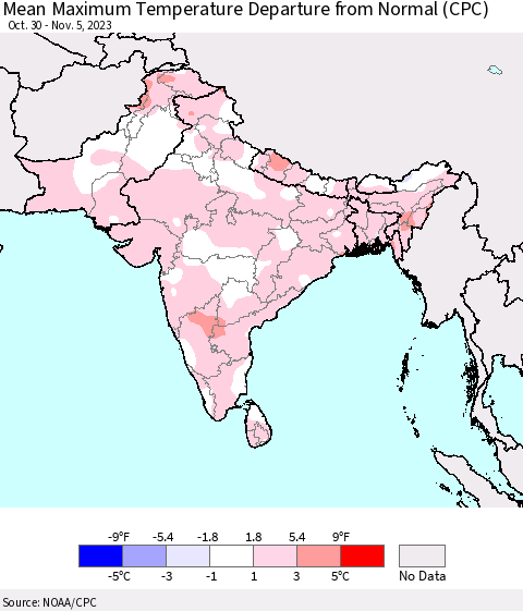 Southern Asia Mean Maximum Temperature Departure from Normal (CPC) Thematic Map For 10/30/2023 - 11/5/2023