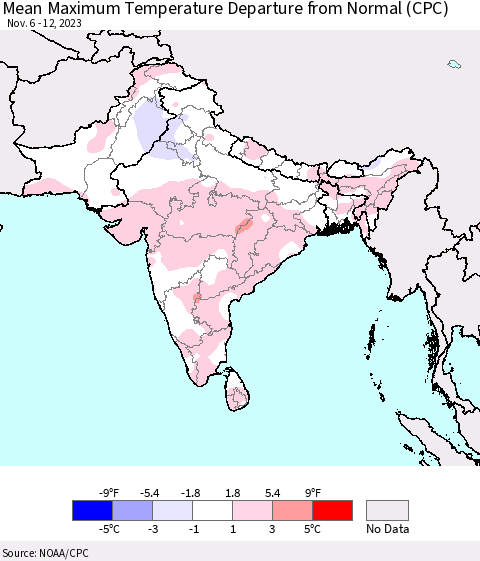 Southern Asia Mean Maximum Temperature Departure from Normal (CPC) Thematic Map For 11/6/2023 - 11/12/2023