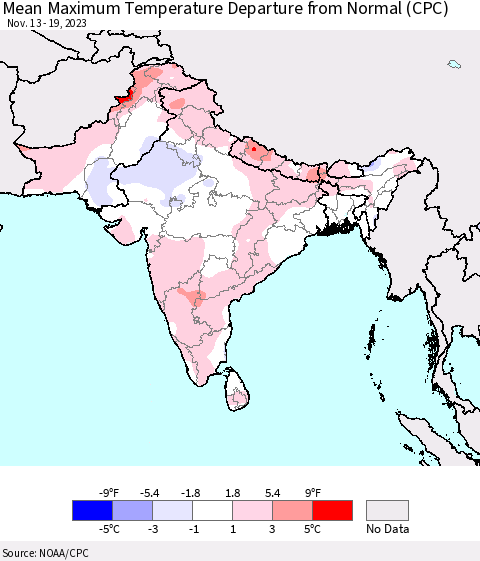 Southern Asia Mean Maximum Temperature Departure from Normal (CPC) Thematic Map For 11/13/2023 - 11/19/2023