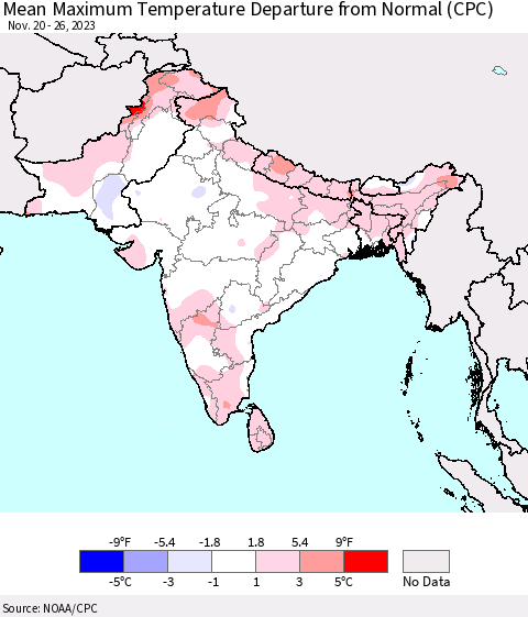 Southern Asia Mean Maximum Temperature Departure from Normal (CPC) Thematic Map For 11/20/2023 - 11/26/2023