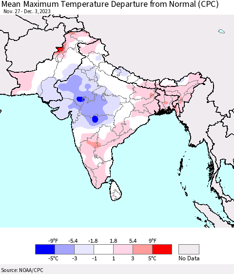 Southern Asia Mean Maximum Temperature Departure from Normal (CPC) Thematic Map For 11/27/2023 - 12/3/2023