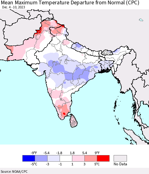 Southern Asia Mean Maximum Temperature Departure from Normal (CPC) Thematic Map For 12/4/2023 - 12/10/2023