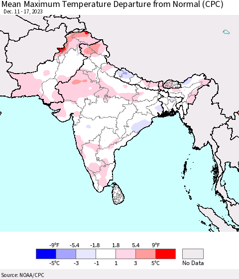 Southern Asia Mean Maximum Temperature Departure from Normal (CPC) Thematic Map For 12/11/2023 - 12/17/2023