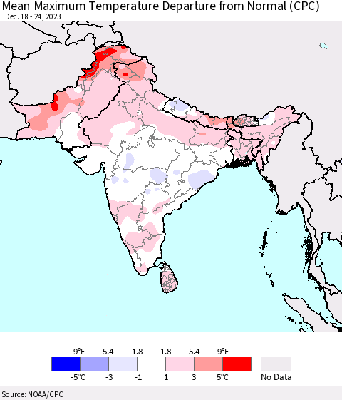Southern Asia Mean Maximum Temperature Departure from Normal (CPC) Thematic Map For 12/18/2023 - 12/24/2023