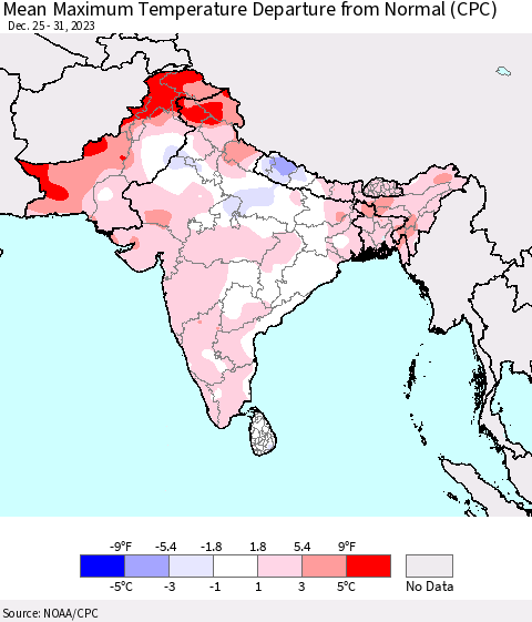 Southern Asia Mean Maximum Temperature Departure from Normal (CPC) Thematic Map For 12/25/2023 - 12/31/2023