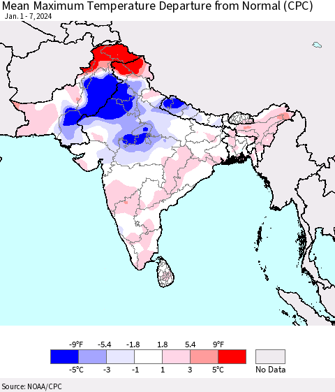 Southern Asia Mean Maximum Temperature Departure from Normal (CPC) Thematic Map For 1/1/2024 - 1/7/2024