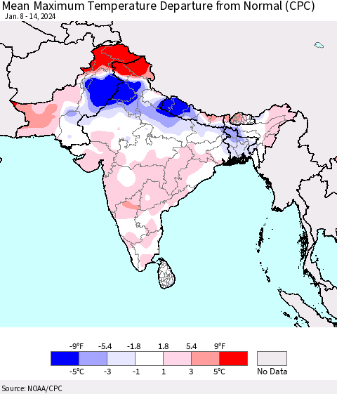 Southern Asia Mean Maximum Temperature Departure from Normal (CPC) Thematic Map For 1/8/2024 - 1/14/2024