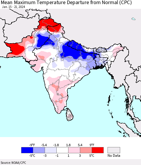 Southern Asia Mean Maximum Temperature Departure from Normal (CPC) Thematic Map For 1/15/2024 - 1/21/2024