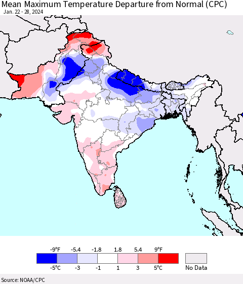 Southern Asia Mean Maximum Temperature Departure from Normal (CPC) Thematic Map For 1/22/2024 - 1/28/2024