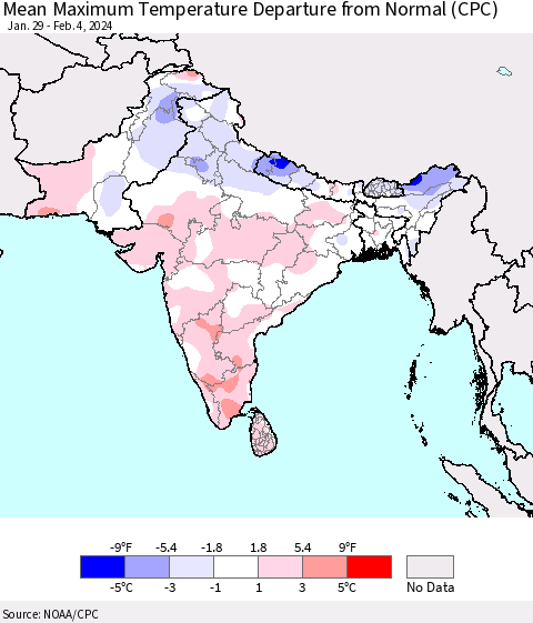 Southern Asia Mean Maximum Temperature Departure from Normal (CPC) Thematic Map For 1/29/2024 - 2/4/2024