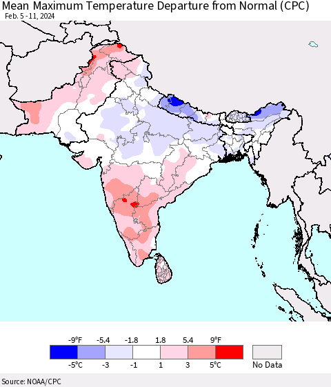 Southern Asia Mean Maximum Temperature Departure from Normal (CPC) Thematic Map For 2/5/2024 - 2/11/2024