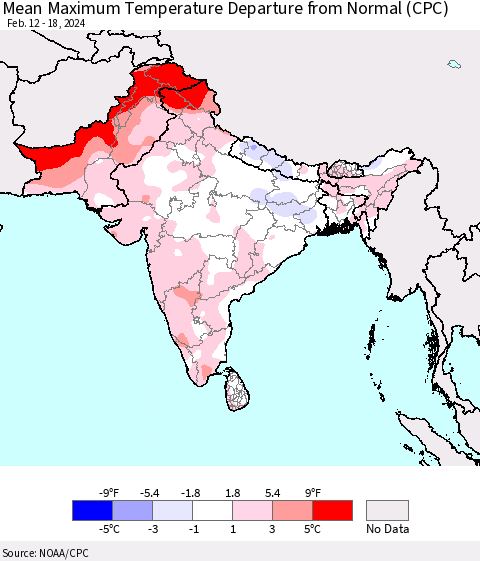 Southern Asia Mean Maximum Temperature Departure from Normal (CPC) Thematic Map For 2/12/2024 - 2/18/2024