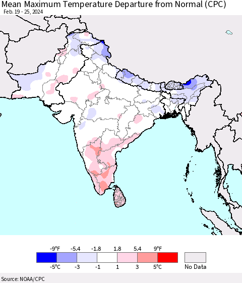 Southern Asia Mean Maximum Temperature Departure from Normal (CPC) Thematic Map For 2/19/2024 - 2/25/2024