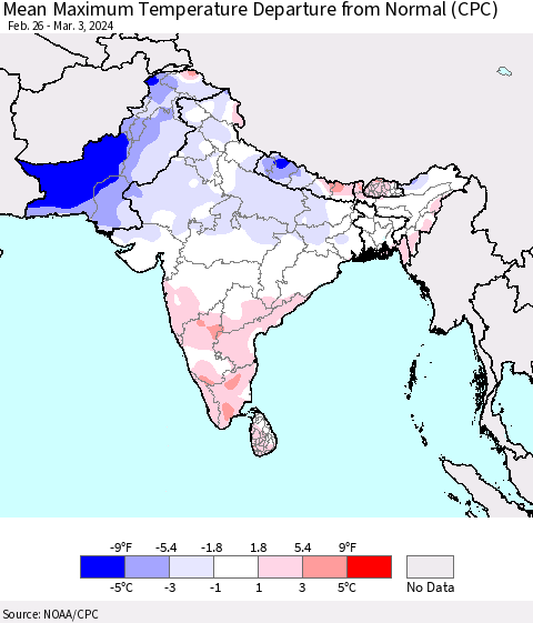 Southern Asia Mean Maximum Temperature Departure from Normal (CPC) Thematic Map For 2/26/2024 - 3/3/2024