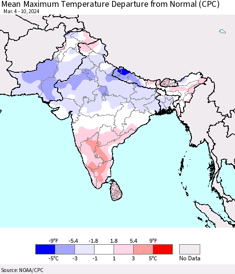 Southern Asia Mean Maximum Temperature Departure from Normal (CPC) Thematic Map For 3/4/2024 - 3/10/2024