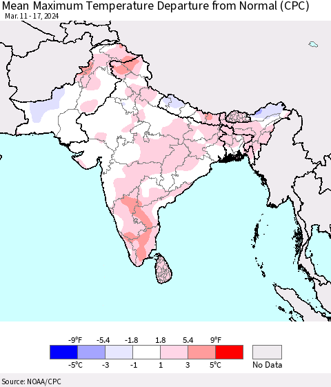 Southern Asia Mean Maximum Temperature Departure from Normal (CPC) Thematic Map For 3/11/2024 - 3/17/2024
