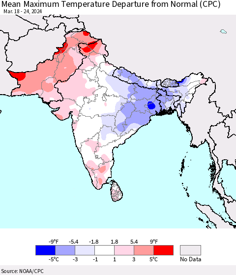 Southern Asia Mean Maximum Temperature Departure from Normal (CPC) Thematic Map For 3/18/2024 - 3/24/2024
