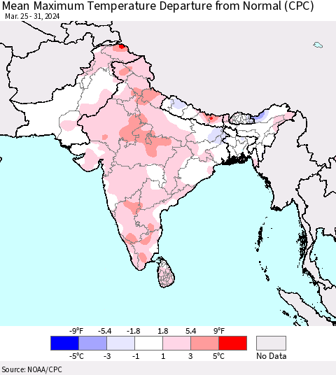 Southern Asia Mean Maximum Temperature Departure from Normal (CPC) Thematic Map For 3/25/2024 - 3/31/2024
