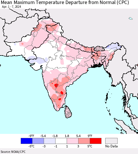 Southern Asia Mean Maximum Temperature Departure from Normal (CPC) Thematic Map For 4/1/2024 - 4/7/2024