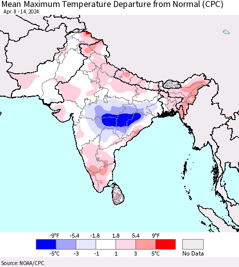 Southern Asia Mean Maximum Temperature Departure from Normal (CPC) Thematic Map For 4/8/2024 - 4/14/2024