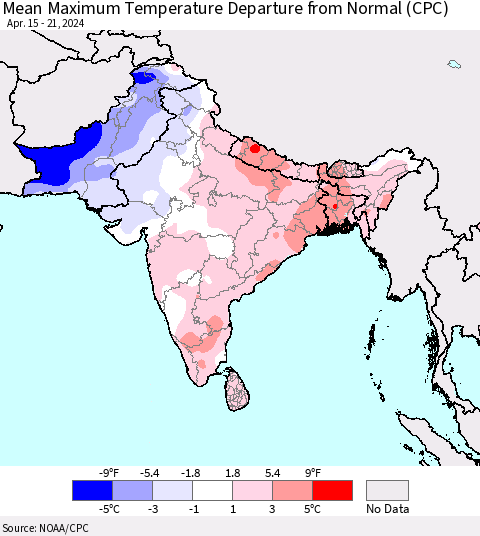 Southern Asia Mean Maximum Temperature Departure from Normal (CPC) Thematic Map For 4/15/2024 - 4/21/2024