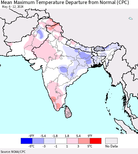 Southern Asia Mean Maximum Temperature Departure from Normal (CPC) Thematic Map For 5/6/2024 - 5/12/2024
