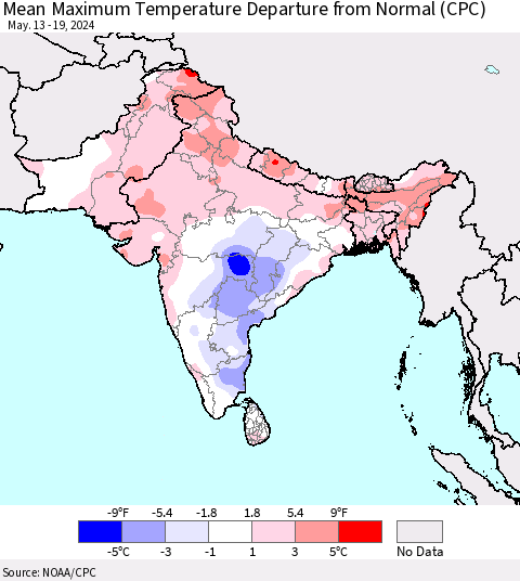 Southern Asia Mean Maximum Temperature Departure from Normal (CPC) Thematic Map For 5/13/2024 - 5/19/2024