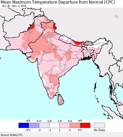 Southern Asia Mean Maximum Temperature Departure from Normal (CPC) Thematic Map For 10/28/2024 - 11/3/2024