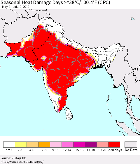 Southern Asia Seasonal Heat Damage Days >=38°C/100.4°F (CPC) Thematic Map For 5/1/2019 - 7/10/2019