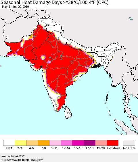 Southern Asia Seasonal Heat Damage Days >=38°C/100.4°F (CPC) Thematic Map For 5/1/2019 - 7/20/2019