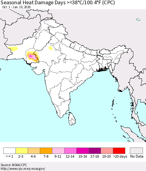 Southern Asia Seasonal Heat Damage Days >=38°C/100.4°F (CPC) Thematic Map For 10/1/2019 - 1/10/2020