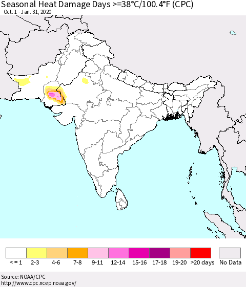 Southern Asia Seasonal Heat Damage Days >=38°C/100.4°F (CPC) Thematic Map For 10/1/2019 - 1/31/2020