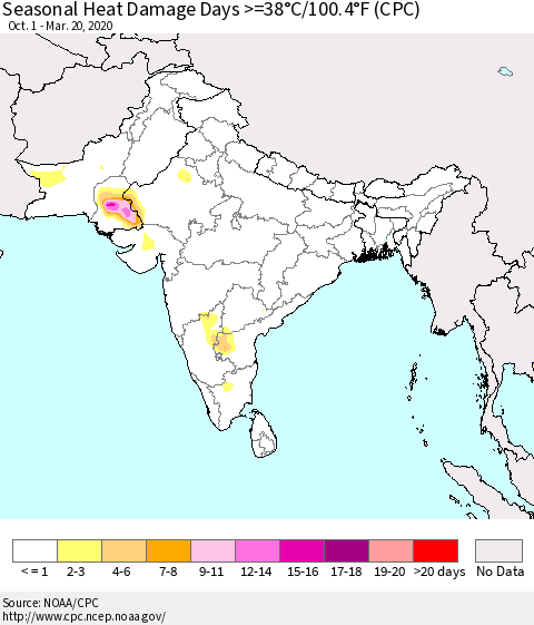 Southern Asia Seasonal Heat Damage Days >=38°C/100.4°F (CPC) Thematic Map For 10/1/2019 - 3/20/2020