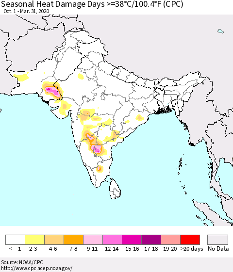 Southern Asia Seasonal Heat Damage Days >=38°C/100.4°F (CPC) Thematic Map For 10/1/2019 - 3/31/2020