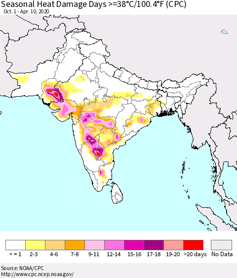 Southern Asia Seasonal Heat Damage Days >=38°C/100.4°F (CPC) Thematic Map For 10/1/2019 - 4/10/2020
