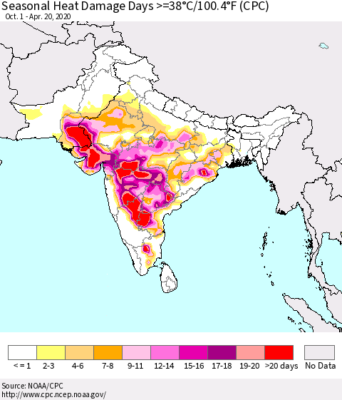 Southern Asia Seasonal Heat Damage Days >=38°C/100.4°F (CPC) Thematic Map For 10/1/2019 - 4/20/2020