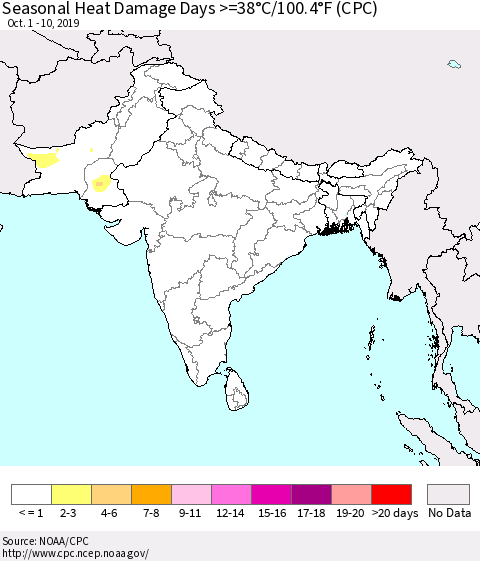 Southern Asia Seasonal Heat Damage Days >=38°C/100.4°F (CPC) Thematic Map For 10/1/2019 - 10/10/2019