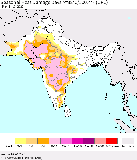 Southern Asia Seasonal Heat Damage Days >=38°C/100°F (CPC) Thematic Map For 5/1/2020 - 5/10/2020