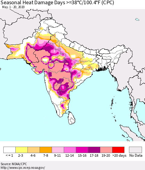 Southern Asia Seasonal Heat Damage Days >=38°C/100°F (CPC) Thematic Map For 5/1/2020 - 5/20/2020