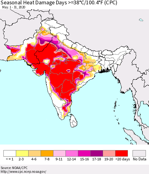 Southern Asia Seasonal Heat Damage Days >=38°C/100°F (CPC) Thematic Map For 5/1/2020 - 5/31/2020